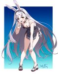  1girl absurdres animal_ears azur_lane black_dress breasts brown_eyes downblouse dress feet hairband hand_on_own_knee highres leaning_forward legs long_hair looking_at_viewer open_mouth rabbit_ears rabbit_girl sandals shimakaze_(azur_lane) short_dress small_breasts smile solo strap_slip thighs toes umyonge_(lkakeu) v very_long_hair white_hair 