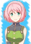  blush braid breasts buttons daiba_canon god_eater god_eater_burst green_eyes large_breasts pink_hair short_hair single_braid smile solo soubee1 turtleneck v_arms zipper 