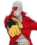  1boy armor batman_(series) belt bodysuit dc_comics deadshot gloves jacket looking_at_viewer male male_focus mask red_jacket simple_background solo weapon 