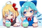  >_< 2girls absurdres ahoge blonde_hair blue_bow blue_dress blue_eyes blue_hair blush bow bowl brain_freeze buttons cirno commentary dress fang fang_out food furrowed_brow hair_bow hand_up highres holding holding_spoon ice ice_wings long_sleeves multiple_girls pointy_ears puffy_short_sleeves puffy_sleeves red_bow rumia shaved_ice shirt short_hair short_sleeves signature skin_fang spoon sweatdrop tekina_(chmr) touhou upper_body vest wavy_mouth white_shirt wings 