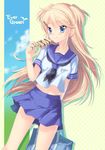  awaya_niki bad_id bad_pixiv_id bag blonde_hair blue_eyes blush collarbone copyright_name ever_green food holding ice_cream long_hair sakura_neko school_bag school_uniform serafuku skirt smile solo two_side_up 