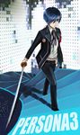  absurdres armband bad_id bad_pixiv_id blue_eyes blue_hair digital_media_player hair_over_one_eye headphones highres male_focus persona persona_3 school_uniform solo sword takenaka_suzuwa weapon yuuki_makoto 