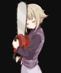  1girl black_background black_sweater blonde_hair chainsaw closed_eyes closed_mouth commentary cowboy_shot english_commentary enjefl expressionless from_side hair_flaps highres holding holding_chainsaw hugging_object long_sleeves plaid_clothes plaid_sweater_vest plaid_vest purple_sweater_vest short_hair sidelocks simple_background skirt solo sweater sweater_vest twitter_username urotsuki vest white_skirt yume_2kki 