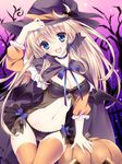  :d arm_up black_bra black_panties blonde_hair blue_eyes bow bra breasts cape cleavage crescent fang halloween hat jack-o'-lantern large_breasts long_hair navel open_mouth orange_legwear original panties smile solo sorai_shin'ya thighhighs traene_(sorai_shin'ya) underwear witch_hat 