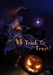  2012 dark dated glowing halloween hat highres holding holding_weapon horns jack-o'-lantern long_hair looking_at_viewer masashi_(excellent) original pumpkin purple_hair red_eyes rod solo staff standing thighhighs trick_or_treat wand weapon witch_hat 