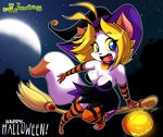  anthro big_breasts blonde_hair blue_eyes blush breasts broom cat chalo clothed clothing costume english_text feline female hair halloween hat holidays las_lindas legwear magic_user mammal moon open_mouth pumpkin sarah_silkie skimpy solo stockings text witch witch_hat 