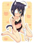  ahoge animal_ears bandages bare_legs bare_shoulders barefoot black_hair blush bra breasts cat_ears cat_tail chuunibyou_demo_koi_ga_shitai! cleavage collarbone embarrassed eyepatch fake_animal_ears feet highres k10k kemonomimi_mode looking_at_viewer navel panties paw_pose short_hair sitting small_breasts solo tail takanashi_rikka underwear underwear_only wariza wavy_mouth 