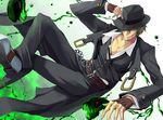  blazblue fedora fingerless_gloves gloves green_hair hat hat_over_one_eye hazama long_coat male_focus silver_hair solo undone_necktie vest yellow_eyes zyano 