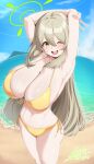  1girl ;d adversarial_noise armpits arms_behind_head bare_arms bare_legs beach bikini blue_archive blue_sky blush breasts brown_hair caustics cleavage cloud cowboy_shot dated day double-parted_bangs esto_0079 fisheye front-tie_bikini_top front-tie_top green_eyes green_halo hair_between_eyes halo halterneck highres huge_breasts long_sidelocks looking_at_viewer mountainous_horizon navel nonomi_(blue_archive) nonomi_(swimsuit)_(blue_archive) official_alternate_costume one_eye_closed open_mouth outdoors presenting_armpit shiny_skin side-tie_bikini_bottom sideboob sidelocks signature sky smile solo stretching string_bikini sunlight swimsuit teeth tongue v yellow_bikini 
