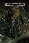  1boy bat_signal batman_(series) city dc_comics engrish gloves gun helmet jacket jason_todd male male_focus muscle p_(ilu) rain ranguage red_hood red_hood_(dc) solo standing weapon 