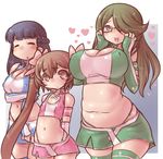  3girls black-framed_glasses blue_eyes blue_legwear blush bow braid breast_hold breasts brown_eyes brown_hair chousoku_henkei_gyrozetter cleavage darui_hito darui_nin_oo_gekijouban elbow_gloves erect_nipples eyes_closed fingerless_gloves frown glasses gloves green_hair green_legwear hair_bow hair_over_one_eye hands_on_face hands_on_own_face heart huge_breasts large_breasts long_hair mizuki_yuika multiple_girls navel open_mouth panties plump race_queen semi-rimless_glasses shoudou_kotoha simple_background skirt smile striped striped_legwear sweatdrop thighhighs thong tsukisato_kirari twintails under-rim_glasses underwear 