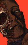  1boy a-kai202 black_eyes breaking_bad commentary dark-skinned_male dark_skin dutch_angle english_commentary gustavo_fring highres looking_to_the_side male_focus red_background simple_background skull solo 