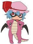  alternate_costume animal_costume bat_wings blue_hair dragon dragon_costume dragon_quest face_mask hands_on_hips mask onikobe_rin red_eyes remilia_scarlet short_hair solo tongue tongue_out touhou wings 