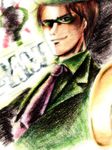  1boy batman_(series) bowler_hat cane dc_comics domino_mask formal glasses green_jacket hat jacket male male_focus mask necktie orange_hair solo suit the_riddler 