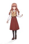  1girl akagawa_chisa anime_coloring belt black_pantyhose blush breasts brown_belt brown_hair brown_shoes brown_skirt closed_mouth collared_shirt cue! full_body hand_up highres large_breasts loafers long_hair long_sleeves looking_at_viewer official_art open_hand pantyhose plaid_clothes plaid_vest pleated_skirt purple_eyes shirt shoes sidelocks simple_background skirt smile solo standing tachi-e taniguchi_motohiro transparent_background tsurime vest wavy_hair white_shirt yellow_vest 