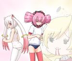  back-to-back blood buruma charlotte_(madoka_magica) gym_uniform hayashiya_zankurou jellyfish kyubey mahou_shoujo_madoka_magica mamikurage multiple_girls nosebleed one-piece_swimsuit pantyhose pantyhose_under_swimsuit personification school_swimsuit swimsuit thighhighs tomoe_mami white_school_swimsuit white_swimsuit 