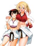  2girls ;q belt black_belt blonde_hair blush breasts brown_hair commentary_request cowboy_shot double_v dougi fingerless_gloves gloves green_eyes highres holding holding_gloves holding_unworn_clothes kuzuryuu_hanako large_breasts long_hair looking_at_viewer midriff multiple_girls navel one_eye_closed open_mouth ponytail red_gloves red_sports_bra shishidou_seira short_hair simple_background sogabe_toshinori sports_bra sweat teeth tongue tongue_out towel towel_around_neck translation_request unworn_gloves upper_teeth_only v white_background white_sports_bra yankee_jk_kuzuhana-chan 
