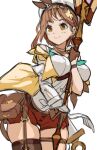  1girl aqua_neckerchief arm_under_breasts ass_visible_through_thighs atelier_(series) atelier_ryza atelier_ryza_2 between_breasts blush bow breasts brown_bag brown_bow brown_eyes brown_gloves brown_hair brown_thighhighs closed_mouth commentary cowboy_shot english_commentary enma_(enmanuelart) garter_straps gloves hat hat_bow highres holding holding_staff jacket large_breasts light_blush looking_to_the_side medium_hair neckerchief open_clothes open_jacket red_shorts reisalin_stout shirt shorts simple_background single_garter_strap single_thighhigh solo staff thick_thighs thigh_gap thighhighs thighs unfinished white_background white_hat white_shirt yellow_jacket 