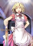  :o alternate_hairstyle apron blonde_hair breasts culter dress hand_on_hilt highres holding maid maid_headdress medium_breasts open_mouth short_hair solo sword touhou touhou_(pc-98) v-shaped_eyebrows weapon yellow_eyes yumeko 