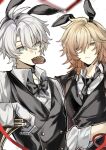  2boys animal_ears antenna_hair black_bow black_choker black_necktie black_vest blonde_hair blue_eyes bow braid chinese_commentary choker collared_shirt commentary_request facial_tattoo fake_animal_ears gloves gradient_hair highres honkai:_star_rail honkai_(series) male_focus male_playboy_bunny medium_hair multicolored_hair multiple_boys mydei_(honkai:_star_rail) neck_tattoo necktie parted_bangs phainon_(honkai:_star_rail) red_hair red_tattoo shirt short_hair side_braid simple_background suer2230 tattoo vest white_background white_gloves white_hair yellow_eyes 