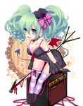  amplifier babydoll bad_id bad_pixiv_id boots breasts choker cleavage demon_tail demon_wings elbow_gloves garters gloves green_eyes green_hair hat hatsune_miku leaning_forward medium_breasts mi_(liki1020) microphone microphone_stand open_mouth solo striped striped_legwear tail thighhighs vocaloid wings 