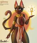 2025 absurd_res anthro bast black_body black_fur blue_eyes breasts clothed clothing deity domestic_cat egyptian egyptian_mythology english_text felid feline felis female fur hi_res mammal middle_eastern_mythology mythology solo text twaykoncita watermark