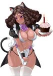  1girl animal_ears apron birthday_cake black_panties black_skirt black_sleeves black_tail black_wrist_cuffs blush bow bowtie bra breasts brown_hair cake candle cat_ears cat_girl cat_tail cleavage closed_mouth commentary cowboy_shot dark-skinned_female dark_skin english_commentary enma_(enmanuelart) eyelashes fire food frilled_wrist_cuffs frills hair_ornament half-skirt heart heart_hair_ornament highres holding holding_plate large_breasts lips looking_to_the_side maid maid_apron medium_hair midriff navel original panties plate puffy_cheeks puffy_short_sleeves puffy_sleeves purple_bow purple_bowtie purple_eyes purple_lips purple_nails reaching reaching_towards_viewer short_sleeves simple_background skindentation skirt solo sparkle sparkling_aura tail thick_thighs thigh_gap thighhighs thighs underwear white_apron white_background white_bra white_thighhighs wrist_cuffs 