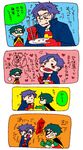  2boys black_hair chopsticks comic dc_comics domino_mask gloves jacket male male_focus mask multiple_boys robin_(dc) superboy tim_drake young_justice 