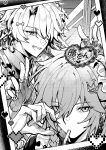  2boys black_shirt braid chinese_commentary commentary_request drinking_straw gloves greyscale heart highres honkai:_star_rail honkai_(series) male_focus medium_hair monochrome multiple_boys mydei_(honkai:_star_rail) parted_bangs phainon_(honkai:_star_rail) photo_(object) shirt short_hair side_braid suer2230 white_gloves white_hair 