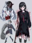  2girls absurdres black_serafuku black_skirt black_socks bleeding blood blood_on_clothes blood_on_face fox_mask grey_background highres holding holding_lead_pipe japanese_clothes lead_pipe mask midriff mikan_(artist) mismatched_arms multiple_girls neckerchief red_neckerchief school_uniform serafuku shimizu_hinako silent_hill_(series) silent_hill_f skirt socks spoilers torn_clothes 