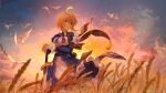  1girl absurdres ahoge armor artoria_pendragon_(fate) benzi_li bird blonde_hair blue_bow blue_bowtie blue_dress bow bowtie breasts commentary_request cowboy_shot dress excalibur_(fate/stay_night) fate/stay_night fate/unlimited_blade_works fate_(series) green_eyes hands_on_hilt highres honkai:_star_rail honkai_(series) long_sleeves medium_breasts outdoors parted_lips pauldrons planted planted_sword saber_(fate) saber_(honkai:_star_rail)_(fate) short_hair_with_long_locks shoulder_armor single_pauldron solo sunset sword two-tone_dress weapon wheat_field white_bird wind 