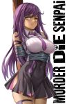  1girl arms_behind_back bare_shoulders blush bound breasts collared_shirt commentary copyright_name cover cover_page covered_navel cowboy_shot dark-skinned_female dark_skin english_commentary english_text enma_(enmanuelart) eyelashes grey_skirt hair_ornament highres large_breasts lips long_hair looking_at_viewer murder_die_senpai necktie parted_lips purple_hair purple_necktie shirt simple_background skindentation skirt solo strapless strapless_shirt teeth tied_up_(nonsexual) white_background white_shirt yellow_eyes 