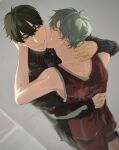  22_(22mimi2434) 2boys alien_stage basketball_jersey basketball_shorts basketball_uniform black_eyes black_hair black_jacket chinese_commentary closed_eyes commentary_request fang fang_out grey_hair highres hug ivan_(alien_stage) jacket kiss kissing_cheek male_focus multiple_boys official_alternate_costume photo-referenced red_pupils red_shorts red_tank_top shorts sportswear tank_top till_(alien_stage) yaoi 