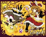  adapted_costume ascot black_legwear blonde_hair bow braid brown_eyes brown_hair candy chibi chocolate cupcake detached_sleeves food geta ghost gift hair_bow hair_tubes hakurei_reimu halloween happy_halloween hat highres ichizen_(o_tori) jack-o'-lantern kirisame_marisa kurodani_yamame lollipop long_hair multiple_girls no_hat no_headwear open_mouth pantyhose pie ponytail ribbon short_hair silk single_braid smile spider_web touhou upside-down witch_hat yellow_eyes 