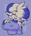 2_horns abbie_(cryptiacurves) anthro armwear big_breasts black_nails blue_background blue_clothing blue_horn blue_nose blue_sweater blue_theme blue_tongue blue_topwear bovid breasts buckteeth caprine cel_shading clothing colored_nails cryptiacurves curled_horn detached_sleeves digital_drawing_(artwork) digital_media_(artwork) eyes_closed female freckled_face freckles fur hair hair_over_eye hand_on_own_chest horn mammal nails open_mouth open_smile shaded sheep short_hair simple_background smile smiling_at_viewer solo sweater teeth tongue topwear turtleneck watermark white_body white_fur white_hair