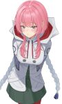  1girl absurdres arms_behind_back blue_eyes blush breasts commentary eyelashes green_skirt highres hood hood_down hoodie kaf_(kamitsubaki_studio) kamitsubaki_studio large_breasts leaning_forward long_hair looking_at_viewer neko_hiiragi o3o pantyhose pink_hair pink_lips puckered_lips red_pantyhose red_pupils simple_background skirt solo white_background white_hoodie yellow_pupils 