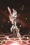  animal_ears barefoot black_legwear energy_weapon glowing glowing_eye hexagon highres kazana_(sakuto) long_hair looking_at_viewer looking_back original saku_(kazana) skirt solo tail thighhighs toeless_legwear weapon white_hair wolf_ears wolf_tail yellow_eyes zettai_ryouiki 