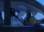  18trip 22kolink 2boys blonde_hair blue_sky car commentary driving earrings from_side grey_hair grey_necktie hair_between_eyes highres jacket jewelry kitakata_nayuki looking_at_another male_focus motor_vehicle multiple_boys necktie oguro_kafka parted_lips rain seatbelt sitting sky smile vehicle_interior yellow_jacket 