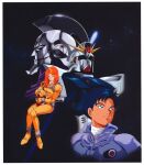  1990s_(style) 1girl 2boys artist_request carozzo_ronah cecily_fairchild crossbone_vanguard f91_gundam gundam gundam_f91 helmet holding holding_unworn_helmet mask mecha mecha_pilot_suit mobile_suit multiple_boys nebula official_art promotional_art retro_artstyle robot scan science_fiction seabook_arno space star_(sky) traditional_media unworn_headwear unworn_helmet v-fin 