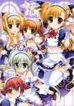  :d absurdres alternate_costume animal_ears apron bell blonde_hair blue_eyes bow breasts brown_hair cake cleavage crop_top cup einhart_stratos enmaided fake_animal_ears fate_testarossa food fork frills fujima_takuya gloves green_eyes highres long_hair lyrical_nanoha mahou_shoujo_lyrical_nanoha_vivid maid maid_headdress medium_breasts midriff multiple_girls navel nove_(nanoha) numbers_(nanoha) open_mouth purple_eyes red_eyes red_hair scan shiny shiny_skin short_hair side_ponytail smile takamachi_nanoha thighhighs tray vivio wrist_cuffs yellow_eyes 