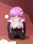  bespectacled book breasts crescent crescent_hair_ornament cup glasses hair_ornament hair_ribbon highres large_breasts long_hair looking_at_viewer no_hat no_headwear patchouli_knowledge pov_across_table purple_eyes purple_hair ribbon shinori smile solo sweater touhou 