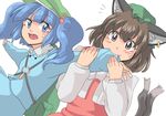  animal_ears backpack bad_id bad_pixiv_id bag biting blue_eyes blue_hair brown_eyes brown_hair cat_ears cat_tail chen hair_bobbles hair_ornament hat highres jewelry kawashiro_nitori key mana_(tsurubeji) multiple_girls multiple_tails open_mouth short_hair smile sweatdrop tail touhou two_side_up 