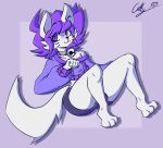 3_toes :3 ahoge anthro bottomwear bulge cally_(cryptiacurves) clothing cropped_sweater cryptiacurves digital_drawing_(artwork) digital_media_(artwork) domestic_cat feet felid feline felis femboy full-length_portrait fur hair long_sleeves male mammal neck_bell portrait pupils purple_clothing purple_eyes purple_hair purple_sweater purple_topwear short_hair shorts slit_pupils smile solo sweater tail toes topwear watermark white_body white_fur