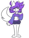ahoge anthro bell bell_collar bottomwear cally_(cryptiacurves) clone_high clothing collar cropped_sweater cryptiacurves digital_drawing_(artwork) digital_media_(artwork) domestic_cat fangs felid feline felis female full-length_portrait fur hair long_sleeves mammal midriff portrait purple_clothing purple_eyes purple_hair purple_sweater purple_topwear shorts simple_background solo standing style_emulation sweater tail teeth topwear white_background white_body white_fur