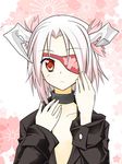  eyepatch highres horns looking_at_viewer open_clothes open_shirt original ouka_september pink_hair red-eyes_macadamiachoco red_eyes shirt short_hair solo 