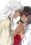  1girl animal_ears black_hair blush couple dog_ears eye_contact green_eyes hetero higurashi_kagome holding_hands interlocked_fingers inuyasha inuyasha_(character) japanese_clothes long_hair looking_at_another miko muriko open_mouth profile silver_hair white_background yellow_eyes 