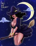  1girl black_hair bracelet breasts broom catarina_devon cleavage earrings female halloween hat highres jewelry large_breasts lipstick makeup moon one_piece witch witch_hat 