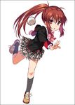  :o baseball black_legwear border bow brown_hair chestnut_mouth kneehighs leg_up little_busters! long_hair looking_at_viewer mizuki_makoto natsume_rin pink_bow pitching plaid plaid_skirt pleated_skirt red_eyes school_uniform shoes side_ponytail skirt sneakers solo standing standing_on_one_leg throwing 