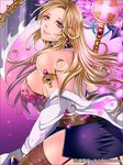  bad_id bad_pixiv_id bare_shoulders blonde_hair breasts copyright_name earrings jewelry junketsu_duelion large_breasts long_hair matsurika_youko official_art pink_eyes rose_emmanuel scythe smile solo translated water 