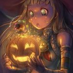  1girl :o bad_id bad_pixiv_id bare_shoulders breasts bridal_gauntlets detached_sleeves elbow_gloves frills gloves glowing green_eyes halloween happy_halloween hat holding jack-o'-lantern long_hair nukomasu open_mouth original small_breasts solo sparkle stitches 